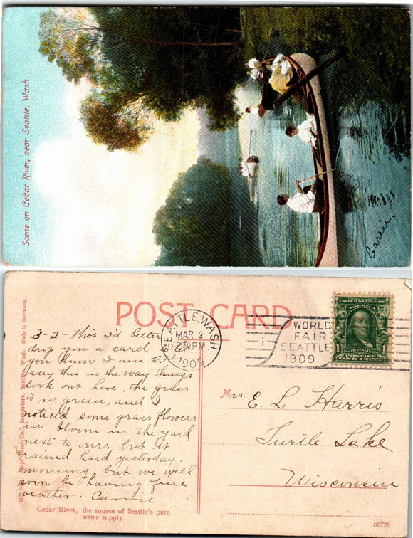 1909 Postcard from Seattle of Cedar River sent to Wisconsin $