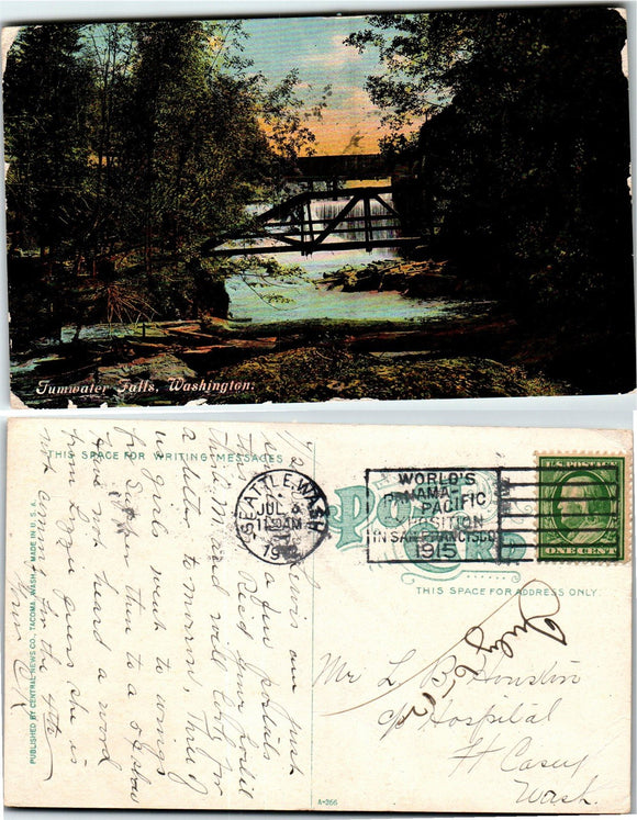 1912 Postcard from Tacoma of Tumwater Falls sent to Ft. Casey WA $