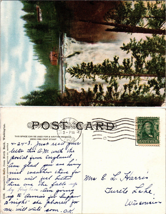1908 Postcard from Seattle of Snoqualmie Falls sent to Wisconsin $