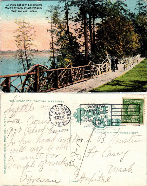 1912 Postcard from Seattle of Point Defiance Park sent to Ft. Casey WA $