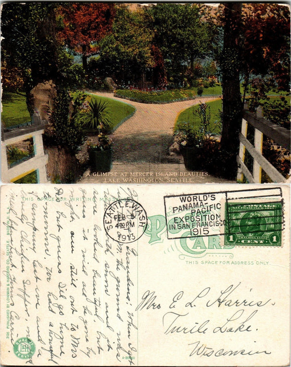1913 Postcard from Seattle of Mercer Island sent to Wisconsin $