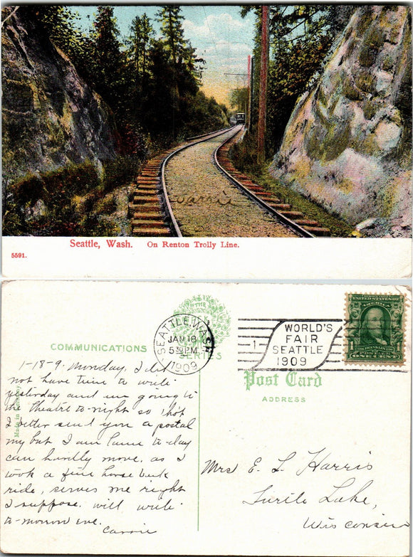 1909 Postcard from Seattle of Renton Trolly Line sent to Wisconsin $