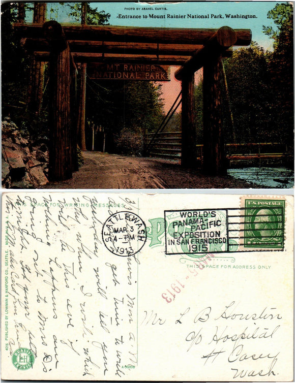1913 Postcard from Seattle of Mt. Rainier National Park sent to Wisconsin $