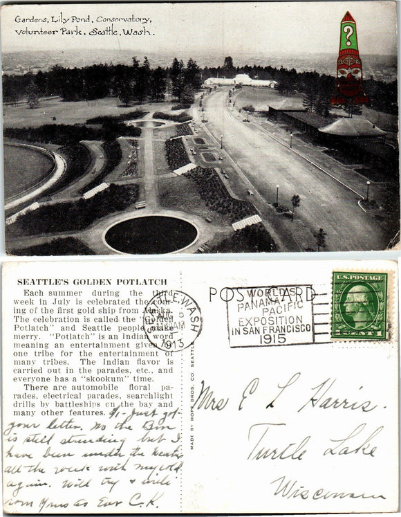 1913 Postcard from Seattle of Golden Potlach sent to Wisconsin $
