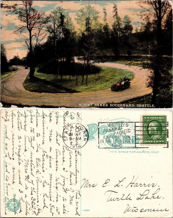 1913 Postcard from Seattle Mt. Baker Park sent to Wisconsin $