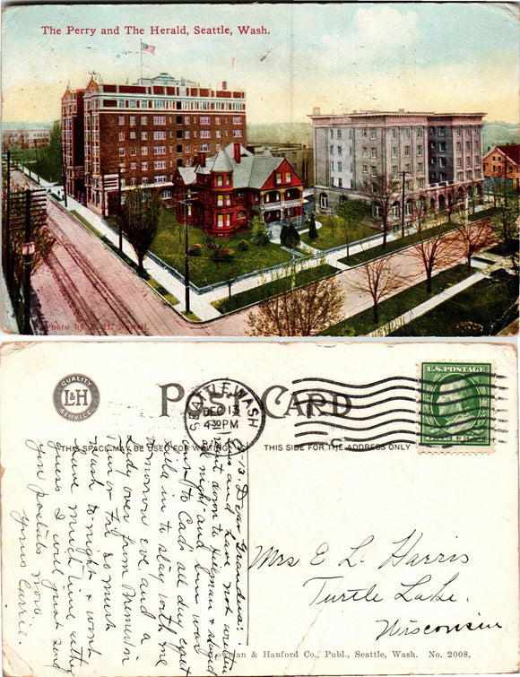 1912 Postcard from Seattle of Hotels sent to Wisconsin $