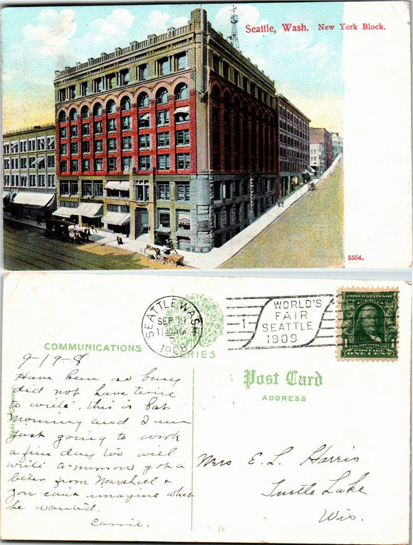 1908 Postcard from Seattle of New York Block sent to Wisconsin $