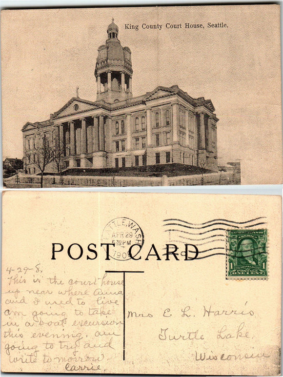 1908 Postcard from Seattle of King County Court House sent to Wisconsin $