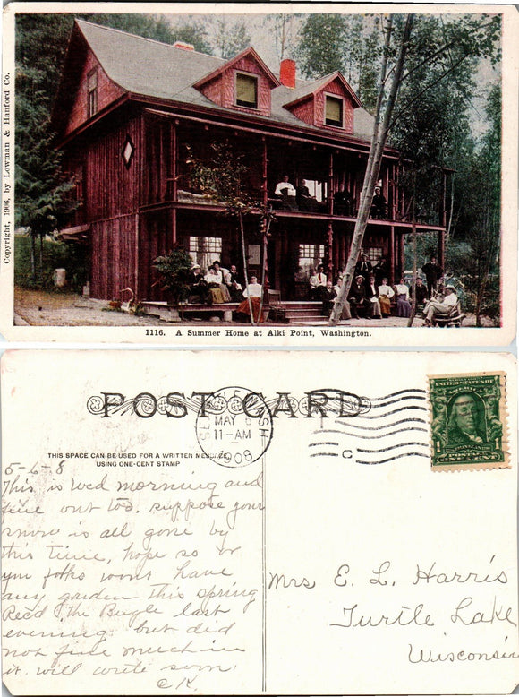 1908 Postcard from Seattle of Summer House sent to Wisconsin $
