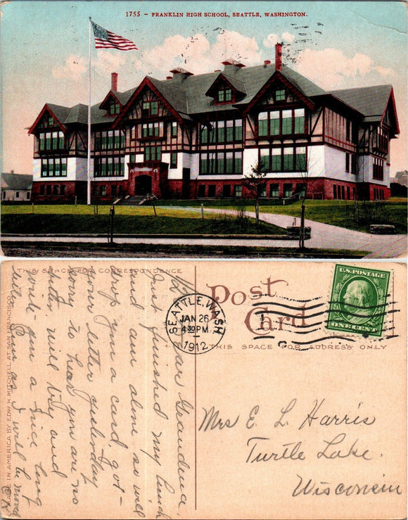 1912 Postcard from Seattle of High School sent to Wisconsin $