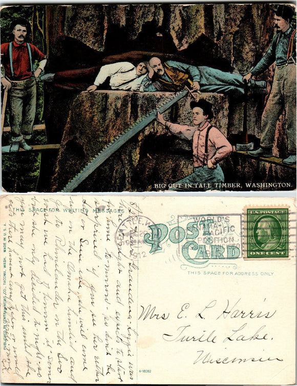 1912 Postcard from Seattle of Logging sent to Wisconsin $