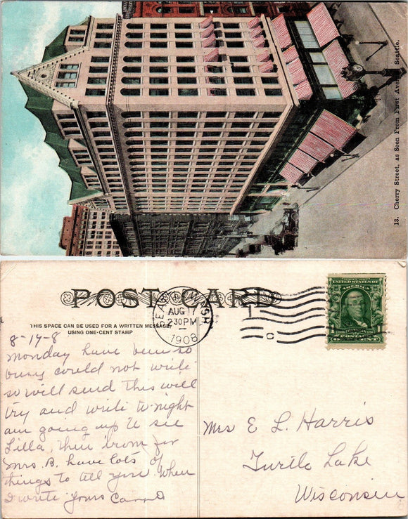 1908 Postcard from Seattle of Cherry Street sent to Wisconsin $