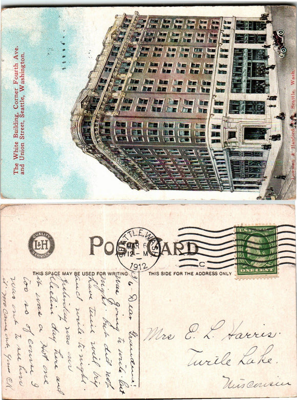 1912 Postcard from Seattle of White Building sent to Wisconsin $