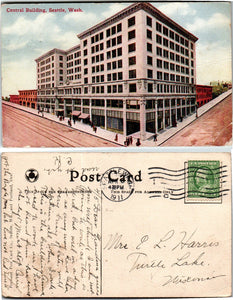 1911 Postcard from Seattle of, Central Building sent to Wisconsin $