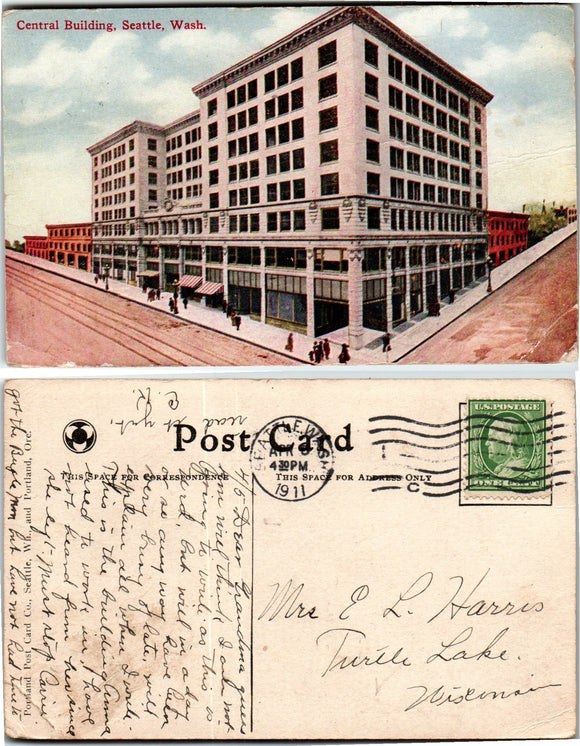 1911 Postcard from Seattle of, Central Building sent to Wisconsin $