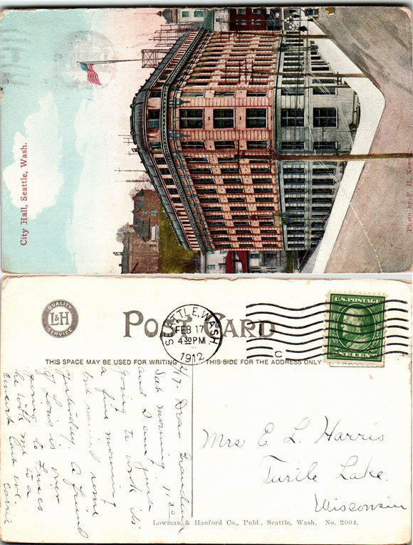 1912 Postcard from Seattle of City Hall sent to Wisconsin $