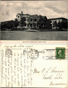 1913 Postcard from Summit Av. and Marion St. Seattle sent to Wisconsin $