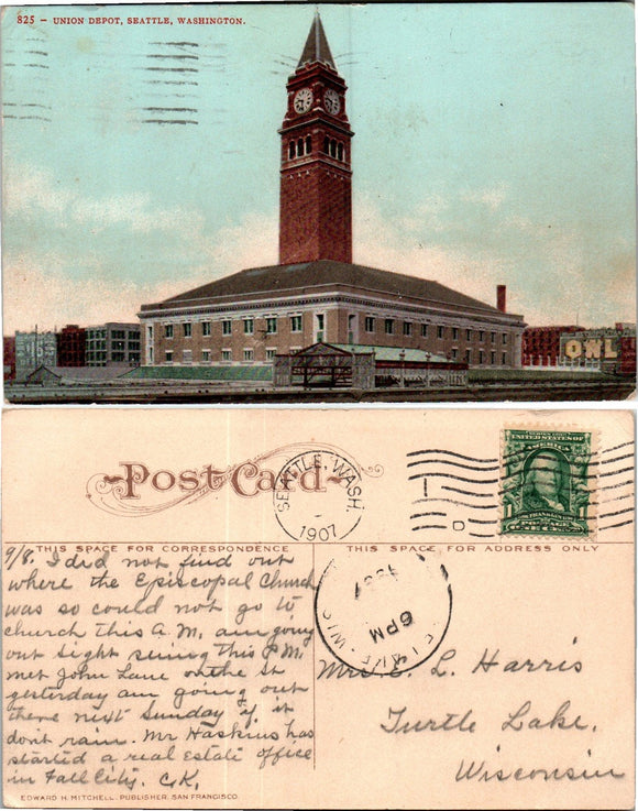 1907 Postcard from Union Depot Seattle sent to Wisconsin $