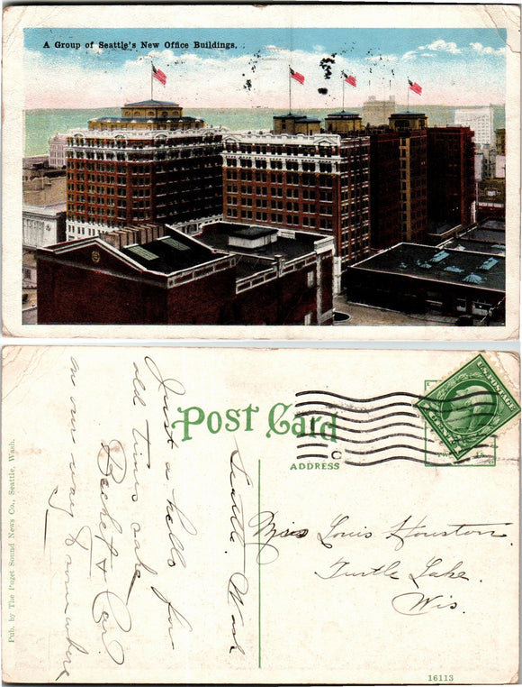 19XX Postcard from Seattle of New Office Buildings sent to Wisconsin $
