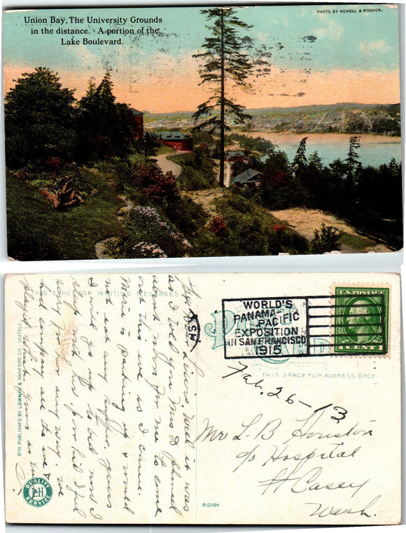 1913 Postcard from Union Bay Seattle sent to Ft. Casey WA $