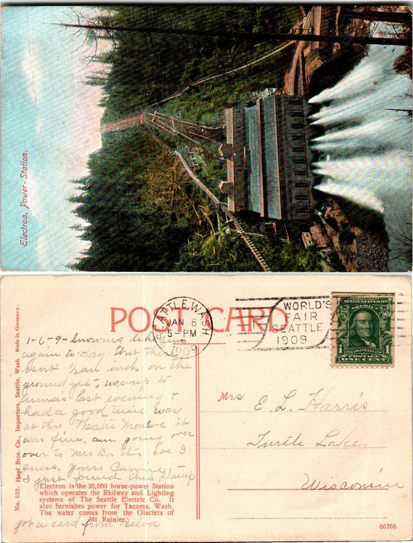 1909 Postcard from Hydroelectric Power Station sent to Wisconsin $