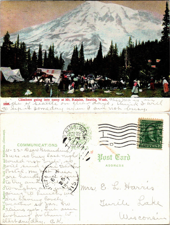 1907 Postcard from Climber's on Mt. Rainier sent to Wisconsin $