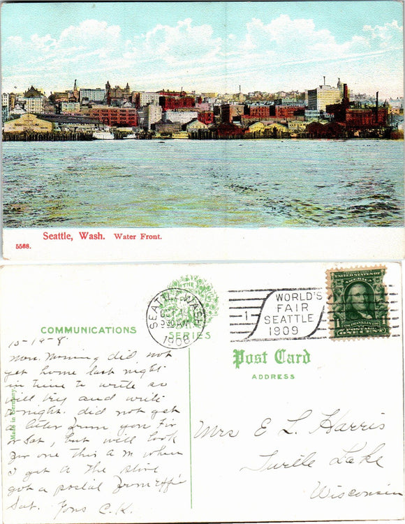 1908 Postcard from Seattle Water Front sent to Wisconsin $