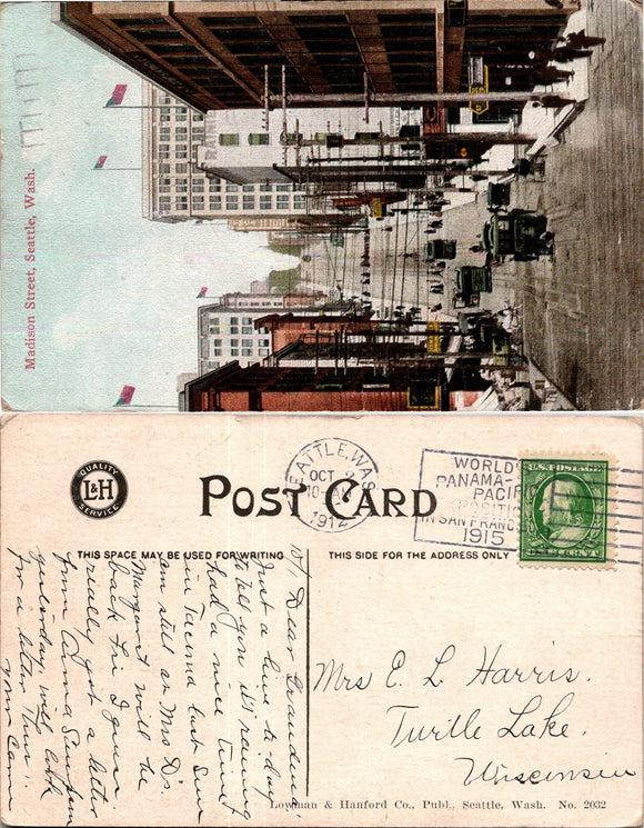 1912 Postcard from Madison St. Seattle sent to Wisconsin $