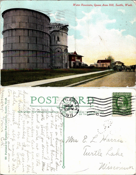 1911 Postcard from Seattle of Water Reservoir view sent to Wisconsin $