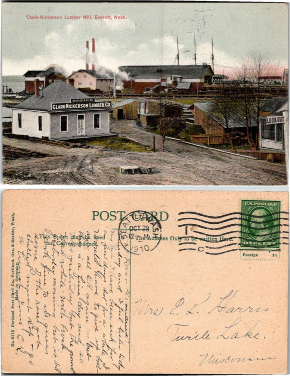 1910 Postcard from Lumber Mill Everett sent to Wisconsin $