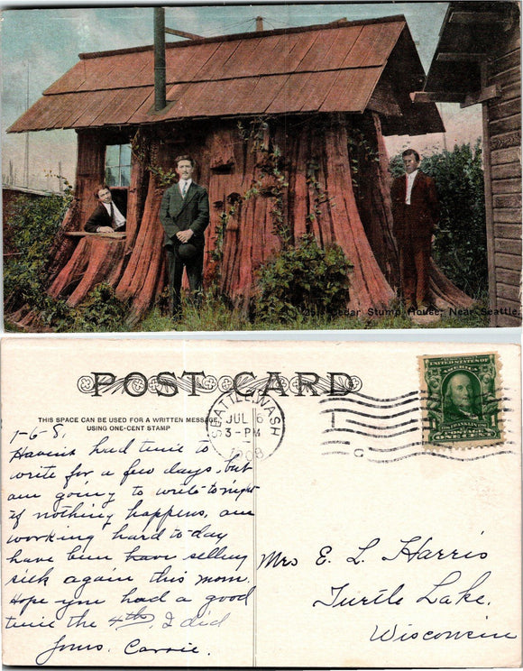 1908 Postcard from Seattle, Cedar Stump House sent to Wisconsin $