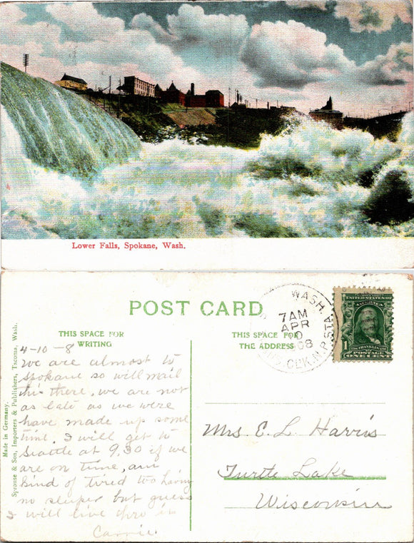 1908 Postcard from Spokane of Lower Falls sent to Wisconsin $