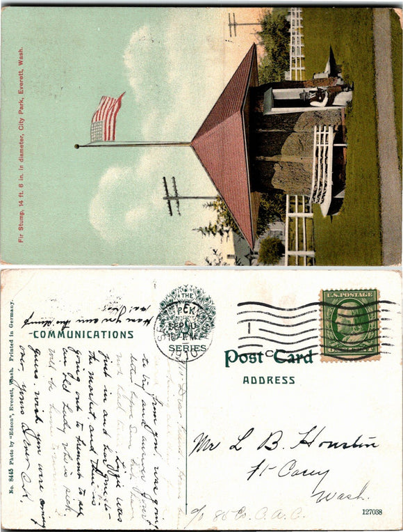 1910 Postcard from Everett of City Park sent to Ft. Casey WA $