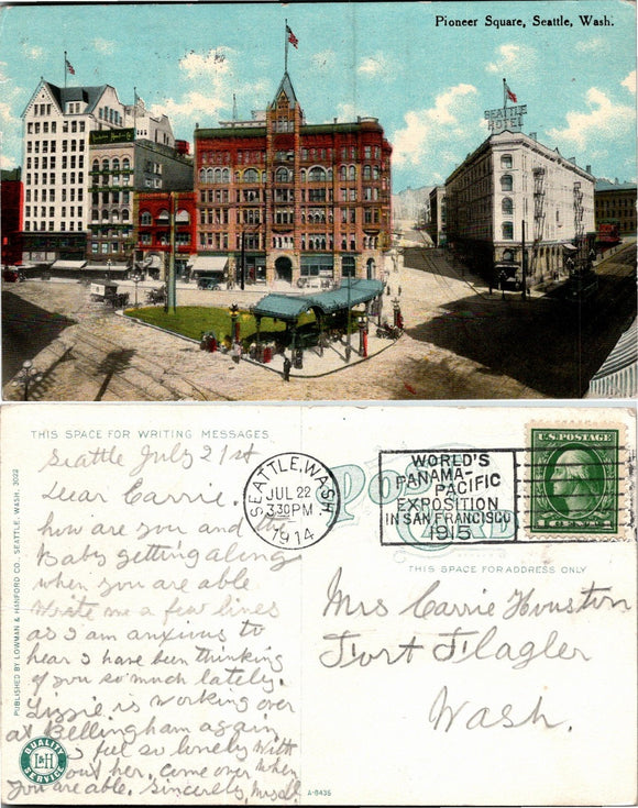 1914 Postcard from Seattle of Pioneer Square, sent to Ft. Flagler WA $