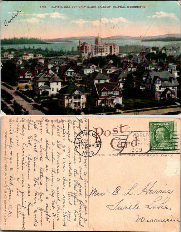 1909 Postcard from Seattle of Capitol Hill sent to Wisconsin $