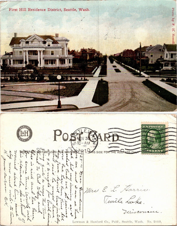 1910 Postcard from Seattle First Hill Residence District, to Wisconsin $