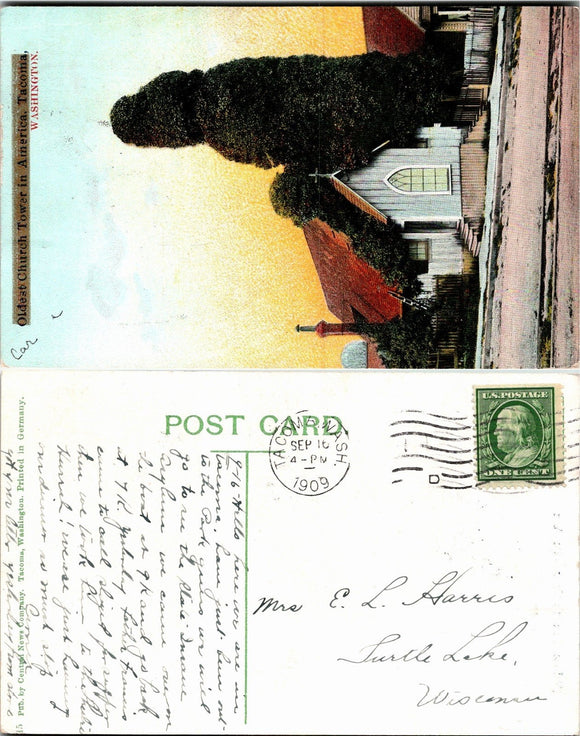 1909 Postcard from Tacoma Church Tower sent to Wisconsin $