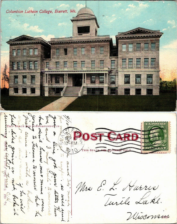 1910 Postcard from Columbian Lutheon College sent to Wisconsin $