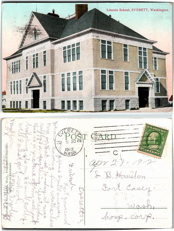 1912 Postcard from Everett Lincoln School sent to Ft. Casey WA $