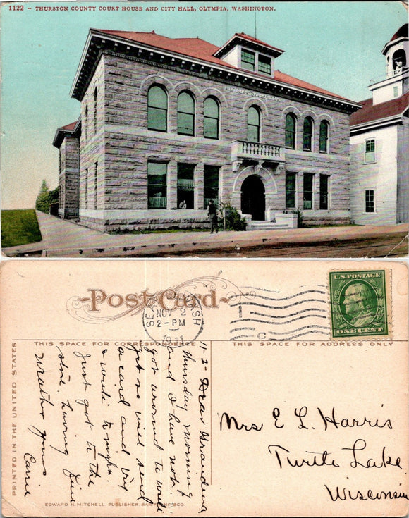 1911 Postcard from Olympia Court House sent to Wisconsin $