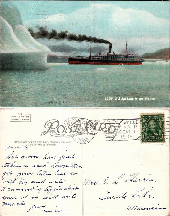 1908 Postcard from Seattle S.S. Spokane sent to Wisconsin $