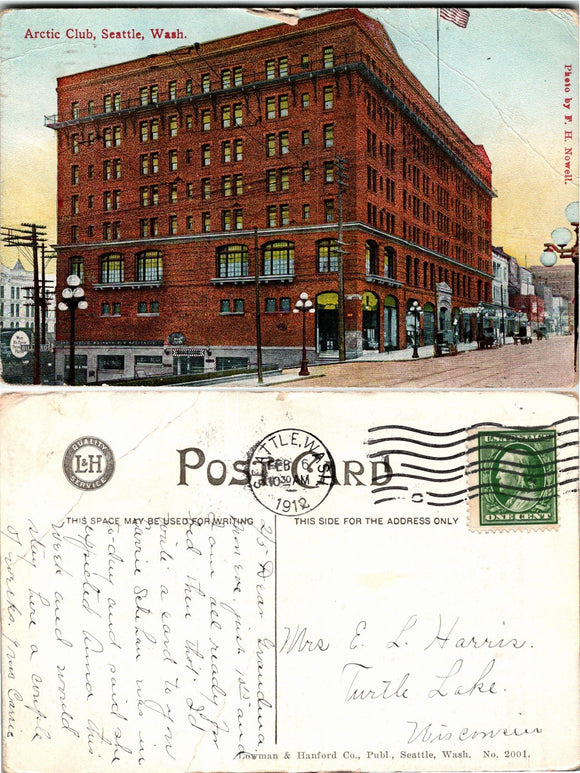 1912 Postcard from Seattle Arctic Club Building sent to Wisconsin $