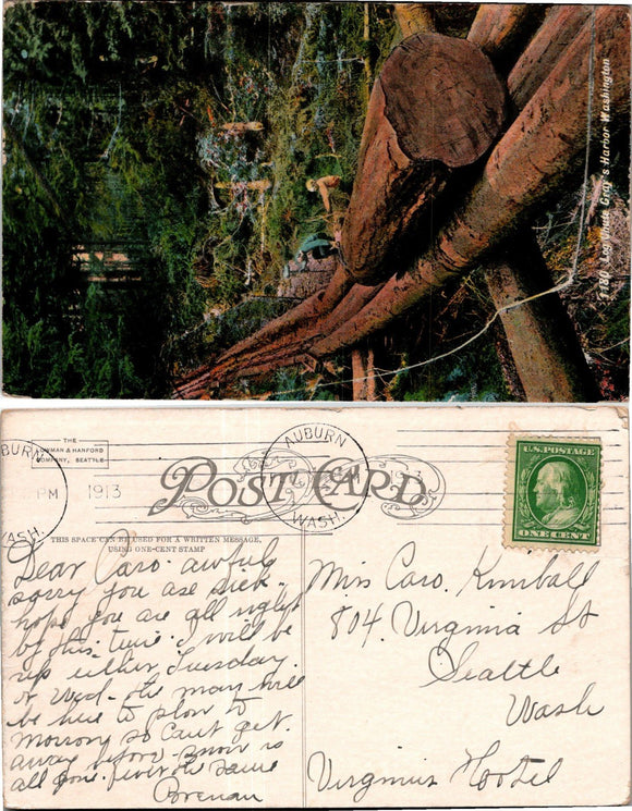 19XX Postcard of Gray's Harbor Logging sent to Seattle $