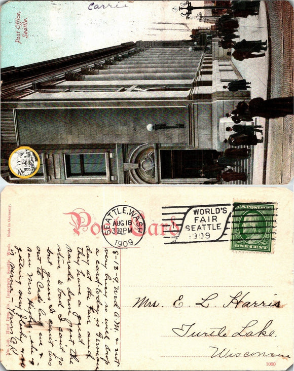 1909 Postcard from Seattle Post Office sent to Wisconsin $