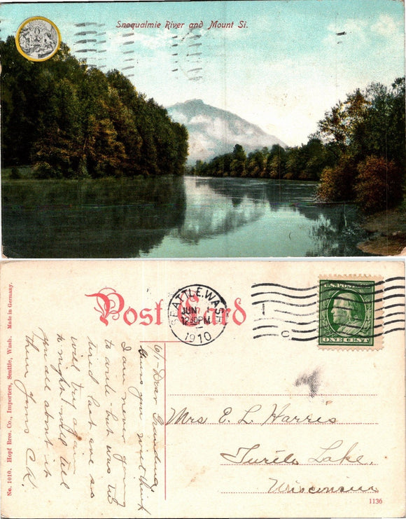 1910 Postcard from Snoqualmie River sent to Wisconsin $