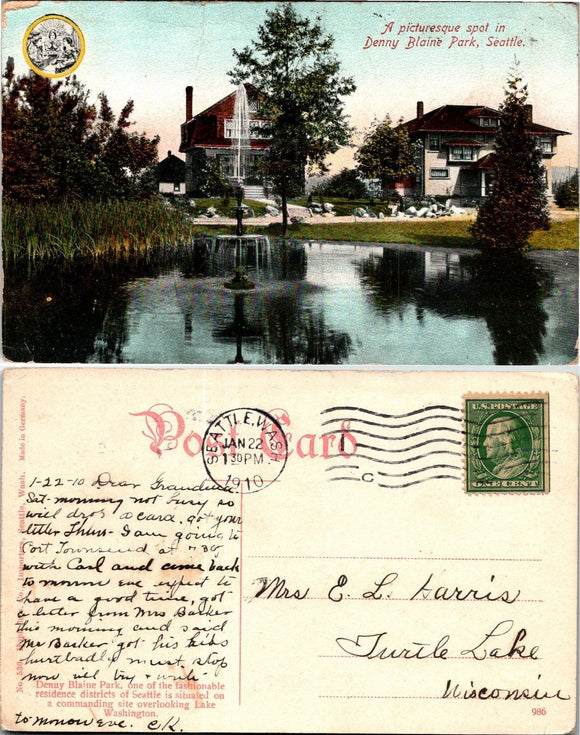1910 Postcard from Seattle Denny Blaine Park sent to Wisconsin $