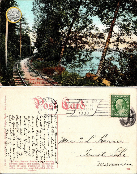 1909 Postcard from Seattle Old Renton Trolly sent to Wisconsin $