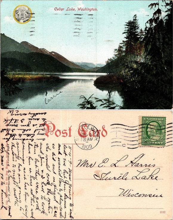 1909 Postcard from Seattle Cedar Lake sent to Wisconsin $