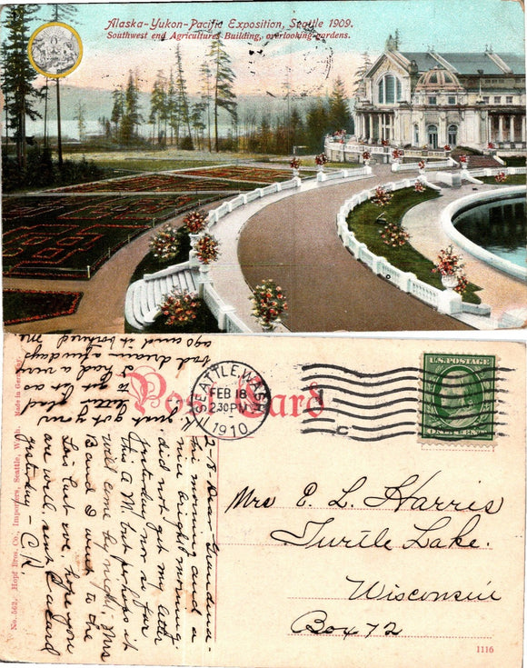 1910 Postcard from Alaska-Yukon-Pacific Exposition sent to Wisconsin $