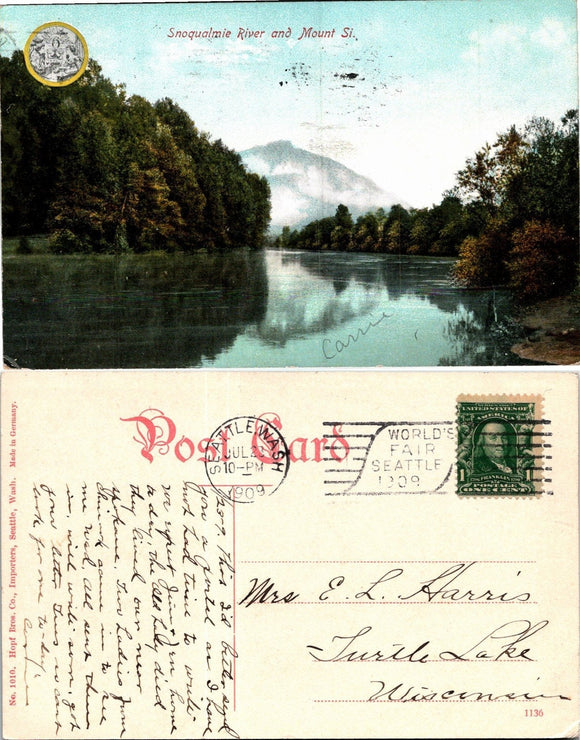 1909 Postcard from Seattle Snoqualmie River sent to Wisconsin $
